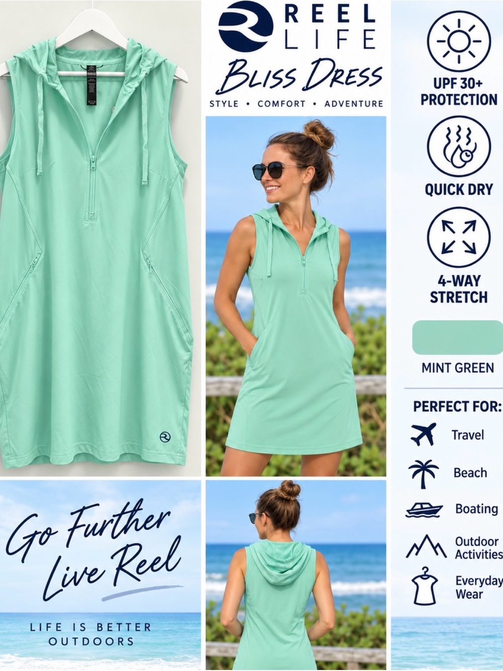 Reel Life Bliss Dress Mint Green Hooded Active Dress XL NWT